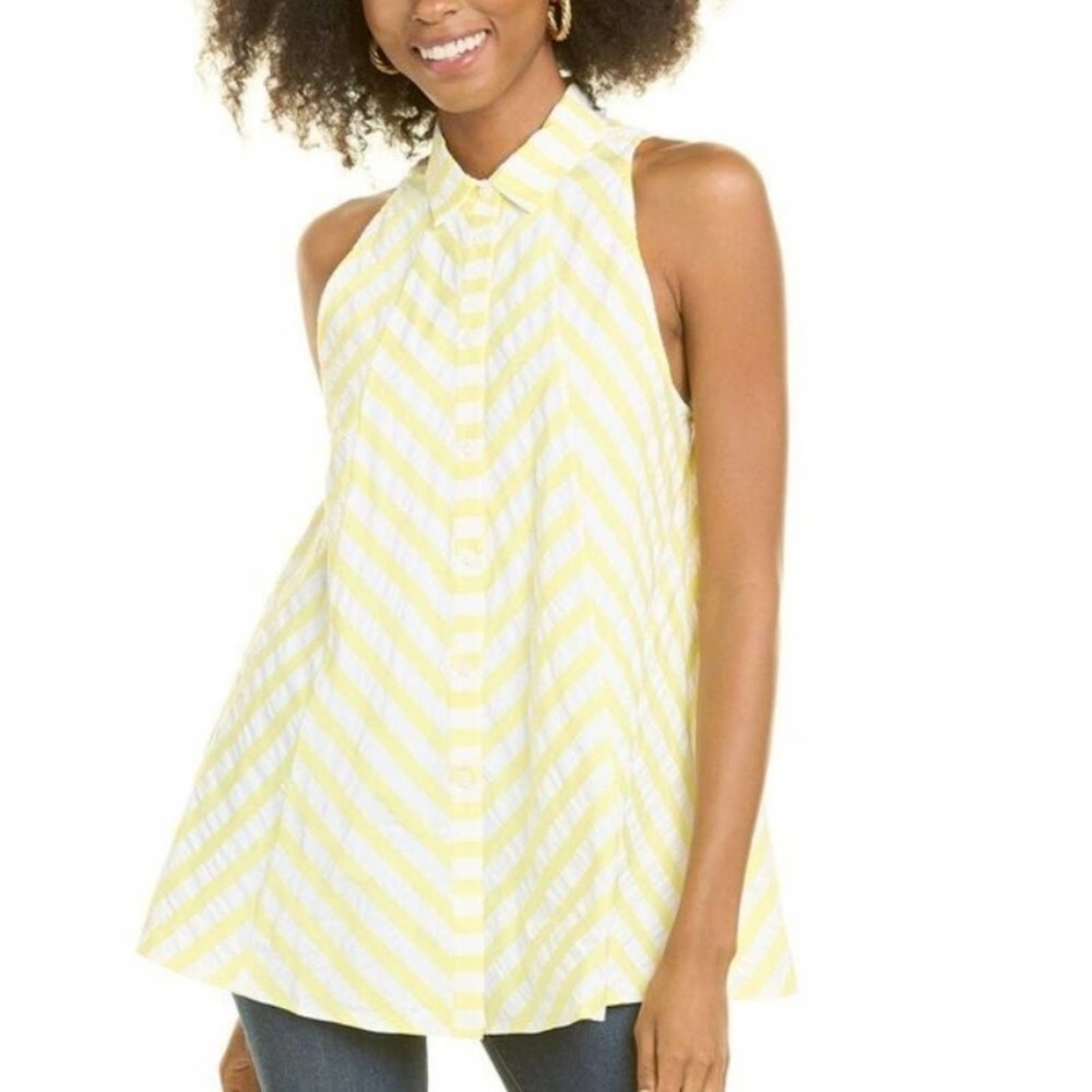 Pearl Lela Rose Seersucker Yellow Chevron Top, Size Xl, Nwt